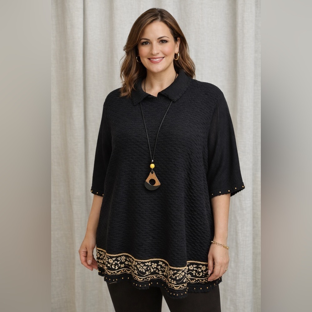 Alfred Dunner 3X Black Textured Knit Tunic Gold Embroidered Hem Plus Size Top